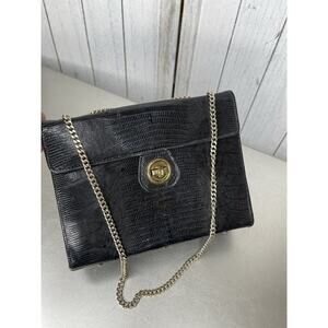 Vintage Faux Black Lizard Structured Handbag Gold Chain Strap Turnlock